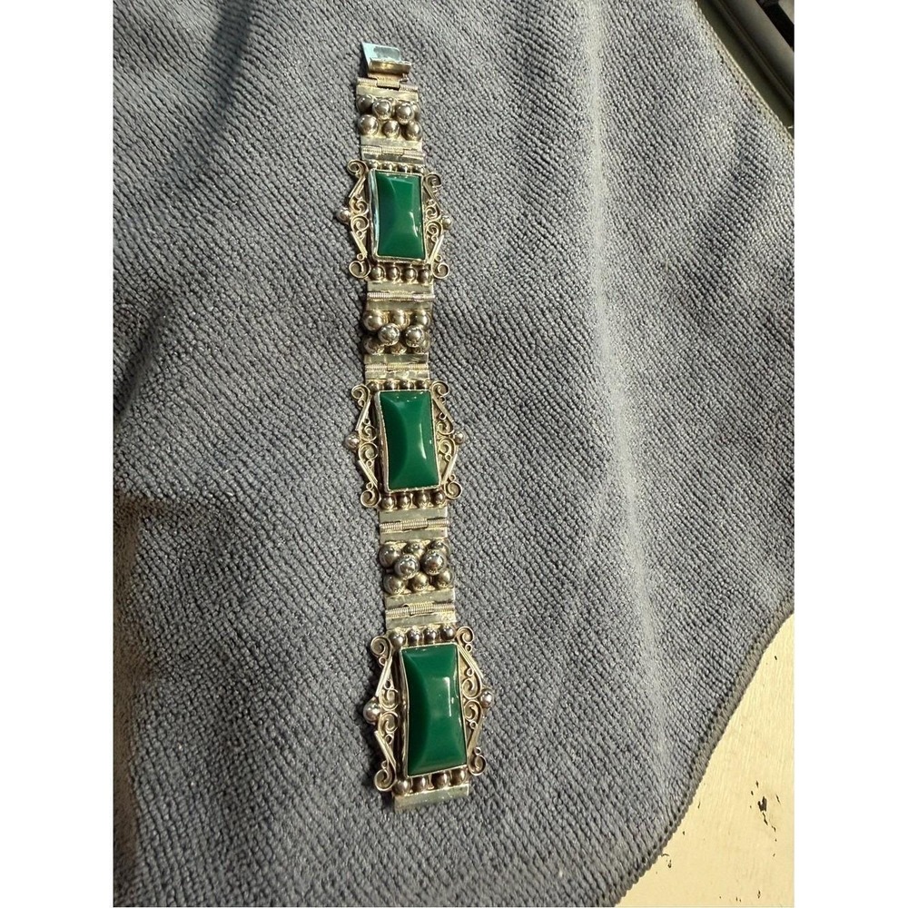 Vintage Mid-Century Mexican Sterling Silver Green Onyx Panel Link Bracelet 7 in - Picture 8 of 16